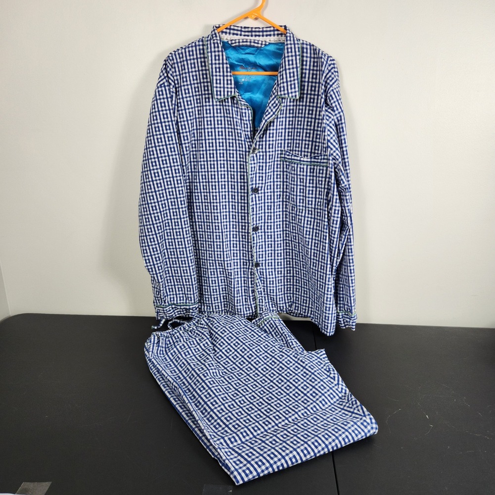Robert Graham Mens XL Blue Gingham Cotton Pajama Set Preppy Coastal Sleepwear